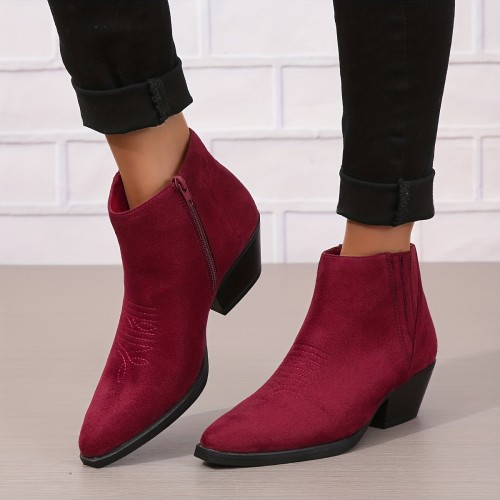 Women's Chunky Ankle Boots, Pointed Toe Side Zipper Western Boots, Retro Solid Color Short Boots