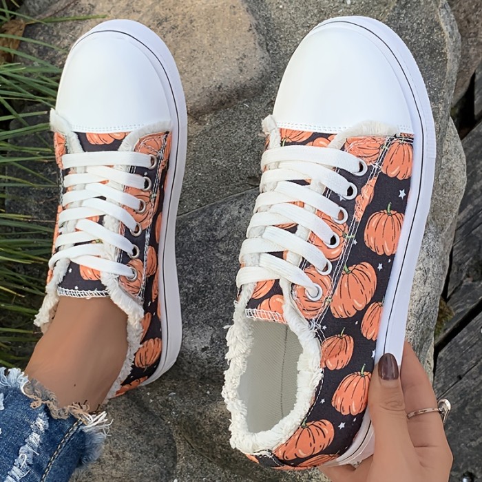 Women's Pumpkin Print Canvas Shoes, Halloween Low Top Flat Walking Shoes, Casual Round Toe Sneakers