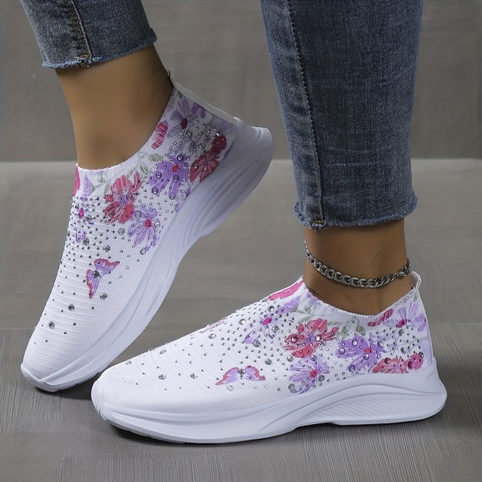 Women's Rhinestone Decor Flat Sneakers, Lightweight Slip On Low Top Shoes, Casual & Breathable Walking Shoes