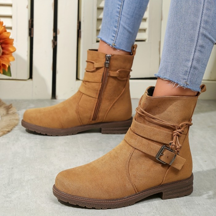Women's Solid Color Short Boots, Fashion Side Zipper Dress Ankle Booties, Comfortable Cowboy Boots