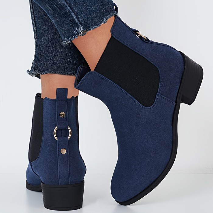 Women's Block Heel Ankle Chelsea Boots, Solid Color Buckle Decor Slip On Round Toe Shoes, Versatile Outdoor Short Boots