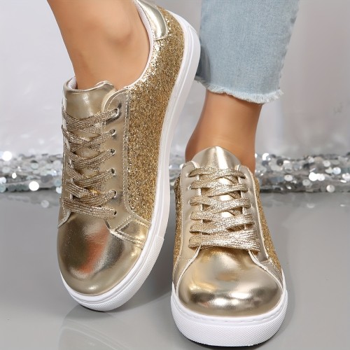 Women's Glitter Flat Sneakers, Fashion & Versatile Lace Up Low Top Shoes, Casual Walking Skate Shoes