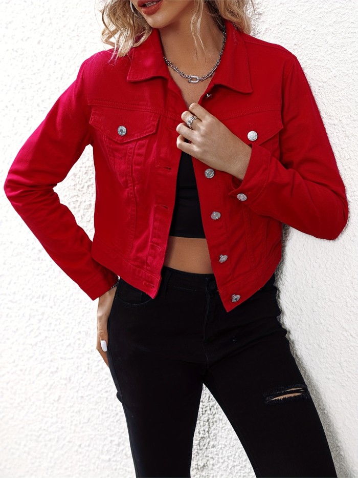 Red Long Sleeves Denim Jackets, Slim Fit Single-Breasted Button Lapel Versatile Denim Coats, Women's Denim Clothing