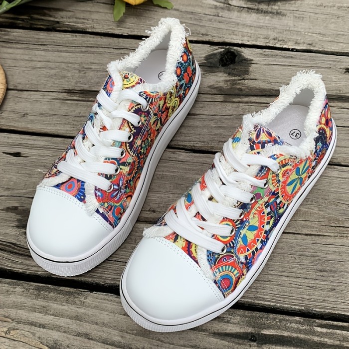 Women's Flower Print Canvas Sneakers, Raw Trim Flat Low Top Skate Shoes, Casual Lace Up Walking Trainers