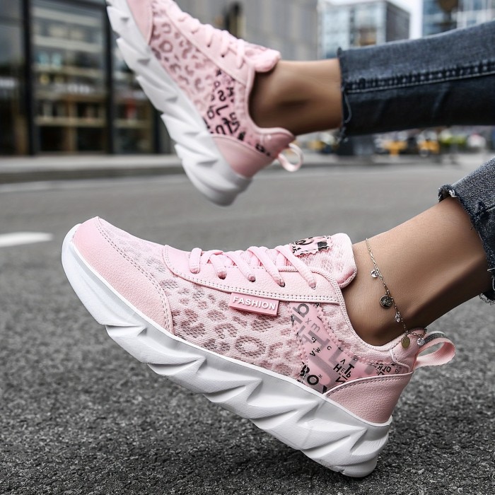 Women's Mesh Letter Printed Sports Shoes, Fashion & Breathable Lace Up Low Top Running Shoes, Shock Absorption Walking Sneakers