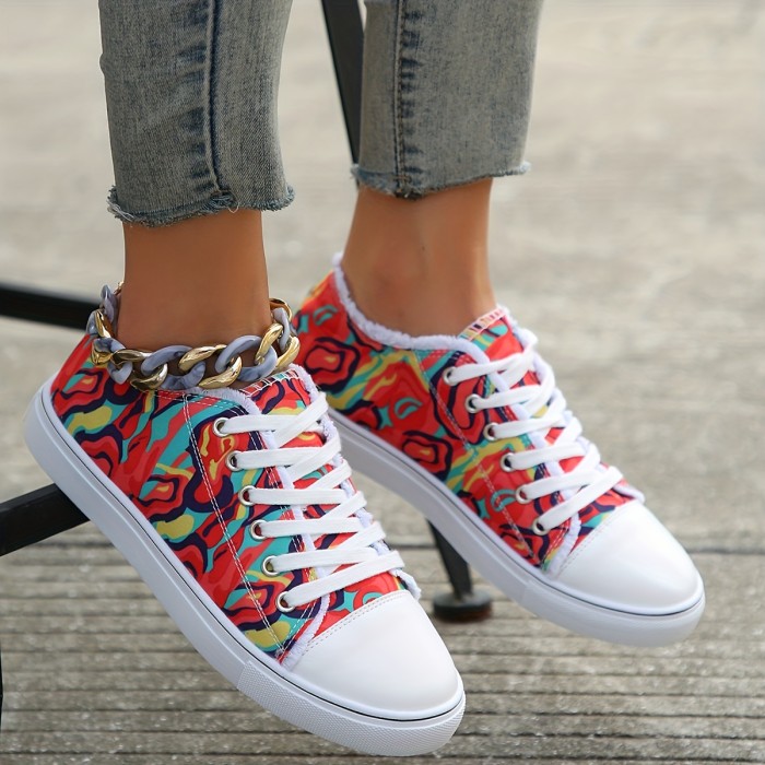 Women's Print Canvas Sneakers, Casual Lace Up Flat Skate Shoes, All-Match Low Top Shoes
