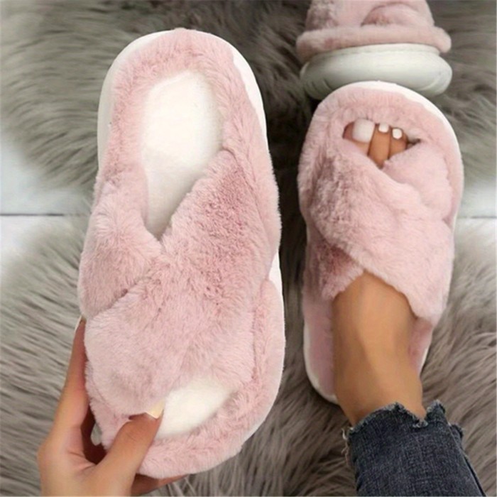 Women's Platform Fuzzy House Slippers, Open Toe Criss Cross Solid Color Casual Home Slides, Women's Indoor Flat Comfy Shoes