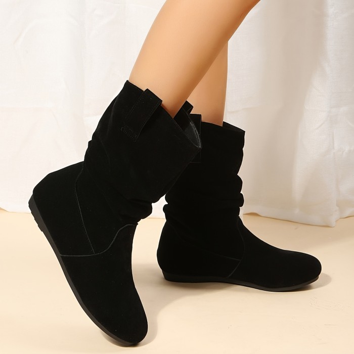Women's Slouch Ankle Boots, Retro Pull On Flat Thermal Boots, Comfortable Solid Color Short Boots