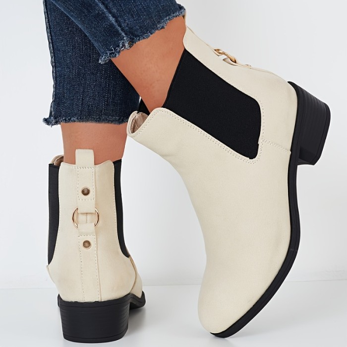Women's Block Heel Ankle Chelsea Boots, Solid Color Buckle Decor Slip On Round Toe Shoes, Versatile Outdoor Short Boots