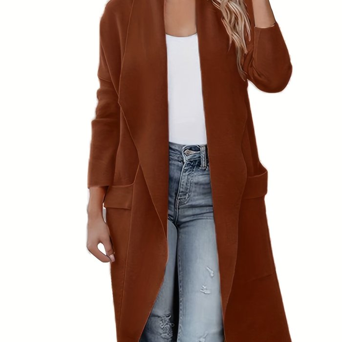 Solid Pocket Open Front Cardigan, Casual Long Sleeve Lapel Cardigan, Women's Clothing