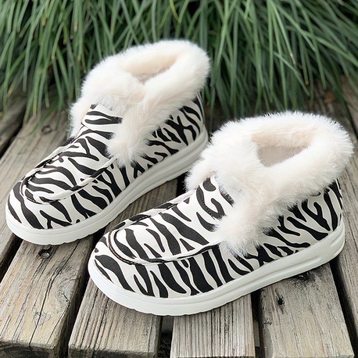Women's Zebra Printed Snow Boots, Winter Plush Lined Slip On Canvas Shoes, Outdoor Keep Warm Flat Ankle Boots