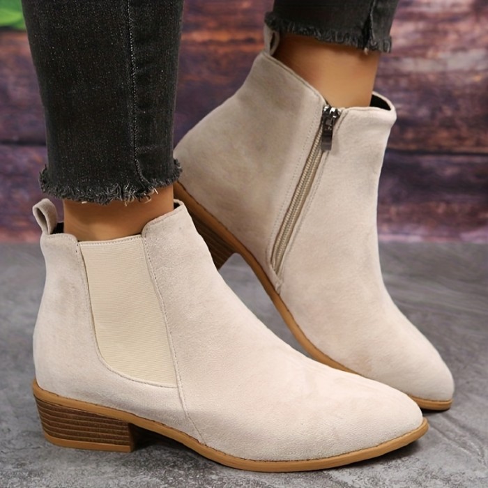 Women's Solid Boots, Short Tube Point Toe Faux Leather Zipper Chunky Heel Casual Boots, Women's Footwear