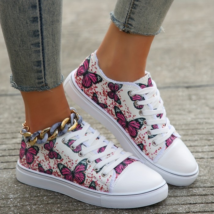 Women's Butterfly Print Canvas Shoes, Casual Lace Up Flat Skate Shoes, All-Match Student Walking Sneakers