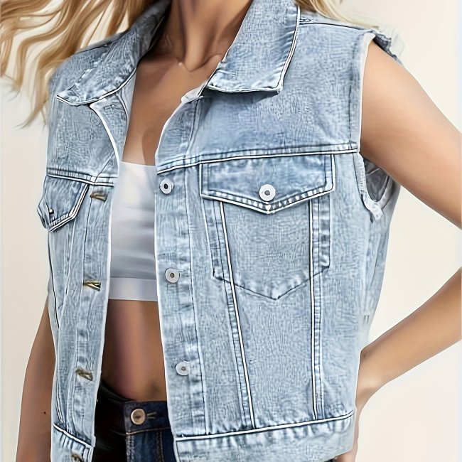 Blue Sleeveless Versatile Denim Jackets, Single-Breasted Button Flap Pockets Lapel Denim Vest, Women's Denim Clothing