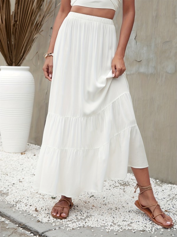 Boho Ruffle Trim Tiered Long Skirts , Elastic Waist White A-line Maxi Skirts , Women's Clothings