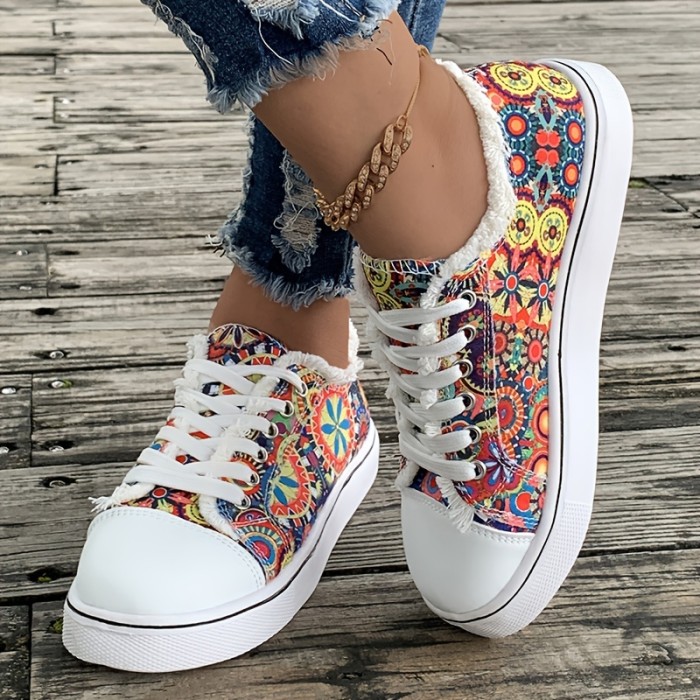 Women's Flower Print Canvas Sneakers, Raw Trim Flat Low Top Skate Shoes, Casual Lace Up Walking Trainers