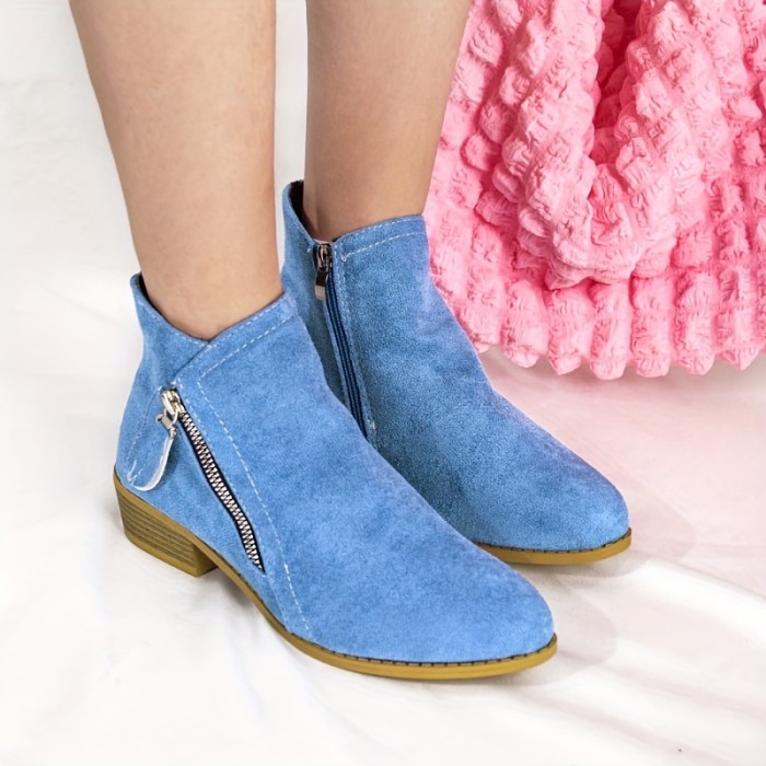 Women's Chunky Low Heeled Ankle Boots, Solid Color Side Zipper Shoes, Comfy Micro Suede Short Boots