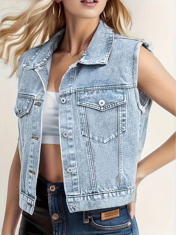 Blue Sleeveless Versatile Denim Jackets, Single-Breasted Button Flap Pockets Lapel Denim Vest, Women's Denim Clothing
