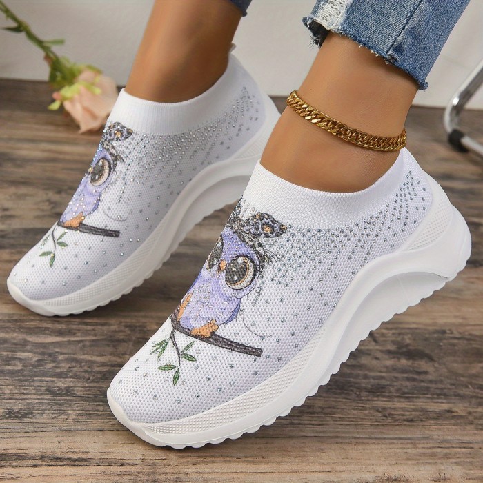 Women's Cute Owl Graphic Sneakers, Rhinestone Decor Knitted Slip On Sock Shoes, Casual Walking Shoes