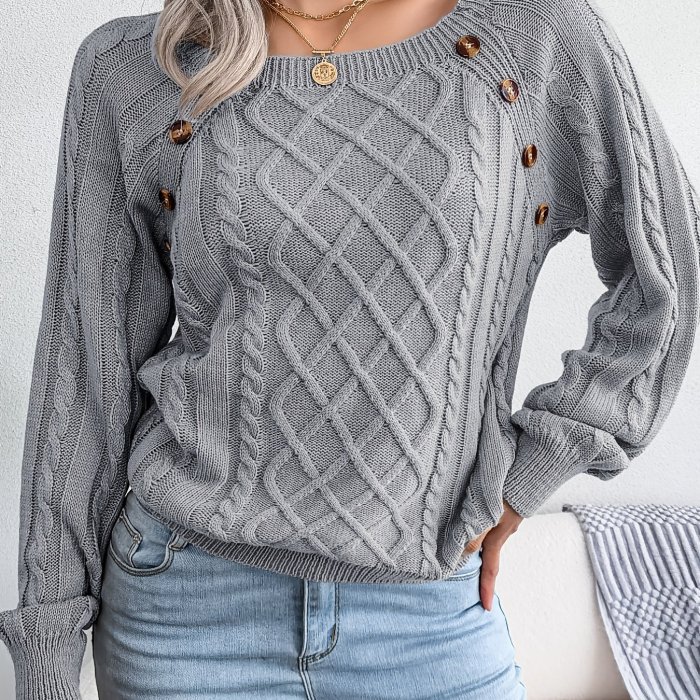 Women's Sweater Round Neck Texture Button Lantern Sleeve Sweater