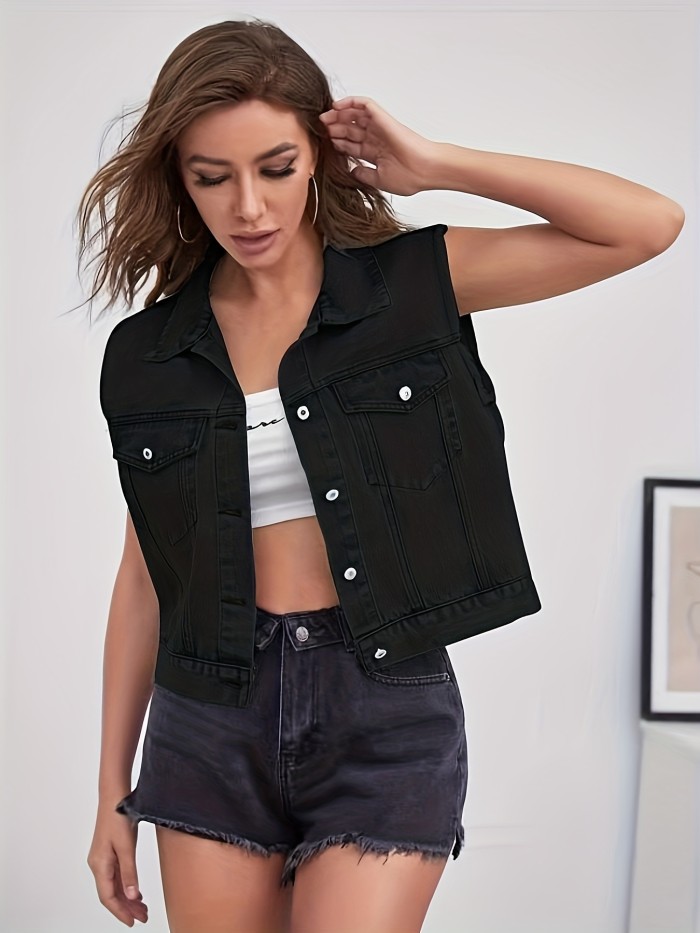 Blue Sleeveless Versatile Denim Jackets, Single-Breasted Button Flap Pockets Lapel Denim Vest, Women's Denim Clothing
