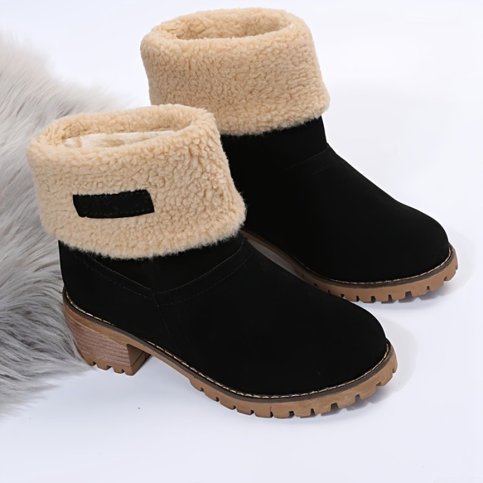 Women's Snow Boots, Solid Fleece Warm Mid Top Round Toe Mid Heel Thermal Casual Boots, Women's Footwear