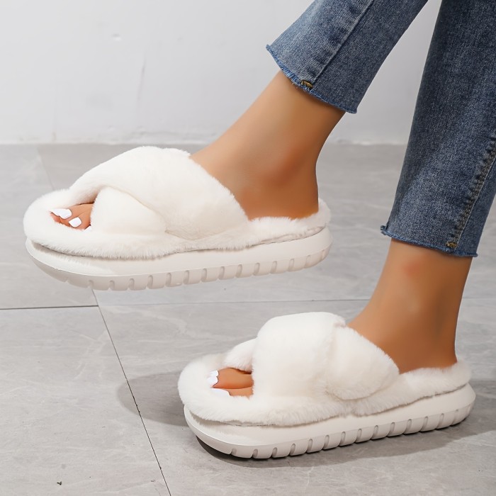 Women's Platform Fuzzy House Slippers, Open Toe Criss Cross Solid Color Casual Home Slides, Women's Indoor Flat Comfy Shoes