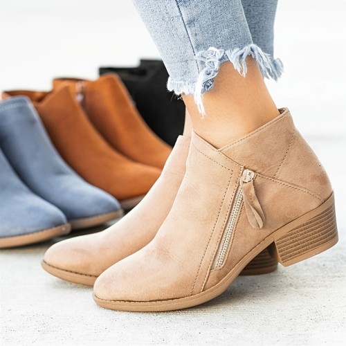 Women's Chunky Heel Ankle Boots, Solid Color Side Zipper Stacked Heels, Casual Outdoor Short Boots