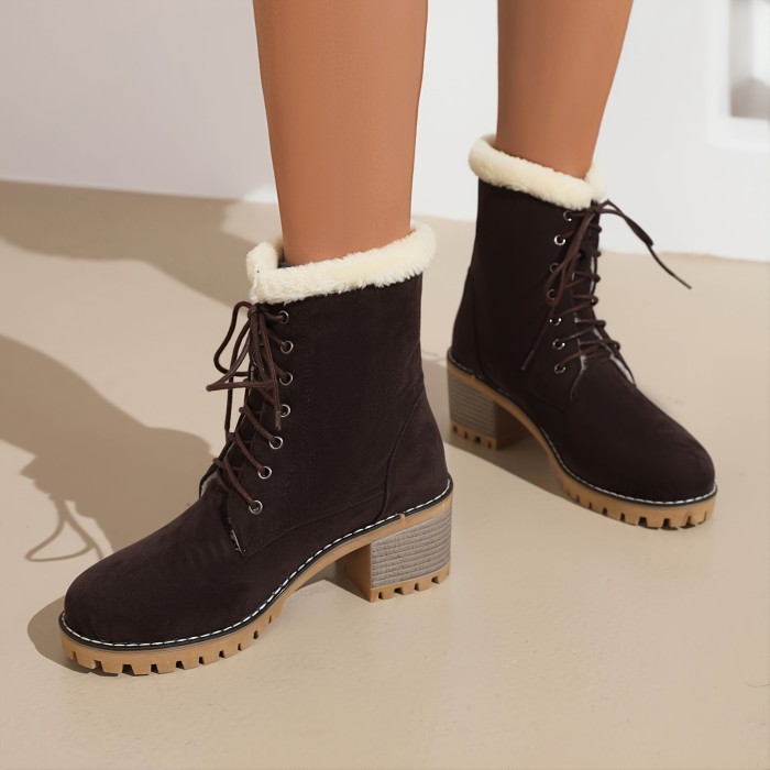 Women's Ankle Snow Boots, Chunky Heeled Side Zipper Lace-up Short Boots, Women's Waterproof Non-slip Ankle Boots