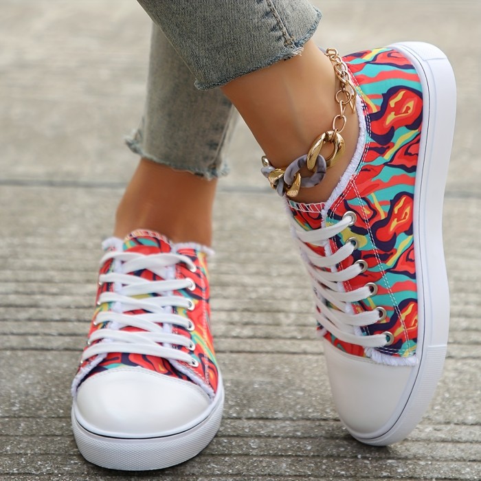 Women's Print Canvas Sneakers, Casual Lace Up Flat Skate Shoes, All-Match Low Top Shoes