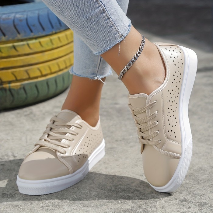 Women's Low Top Skate Shoes, Solid Color Hollow Out Lace Up Sneakers, Versatile Flat Walking Shoes