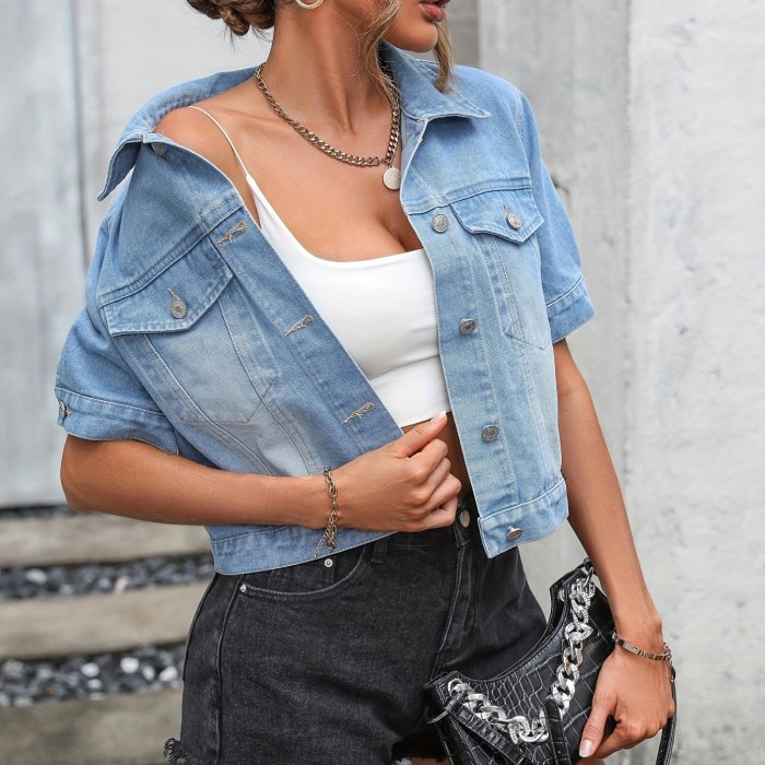 Solid Color Short Sleeves Denim Coats, Flap Pockets Single-Breasted Button Lapel Cropped Denim Jackets, Women's Denim Clothing
