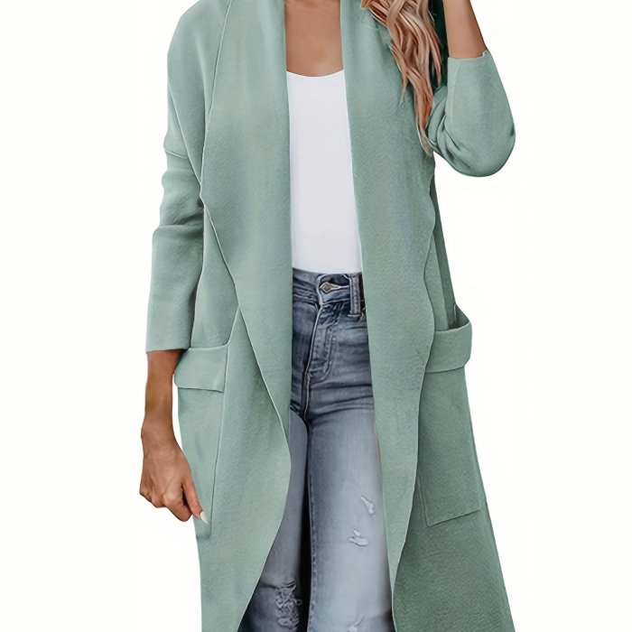Solid Pocket Open Front Cardigan, Casual Long Sleeve Lapel Cardigan, Women's Clothing