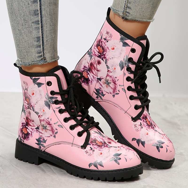 Women's Pink Floral Print Combat Boots, Round Toe Lace Up Flat Ankle Boots, Retro Chunky Low Heeled Boots