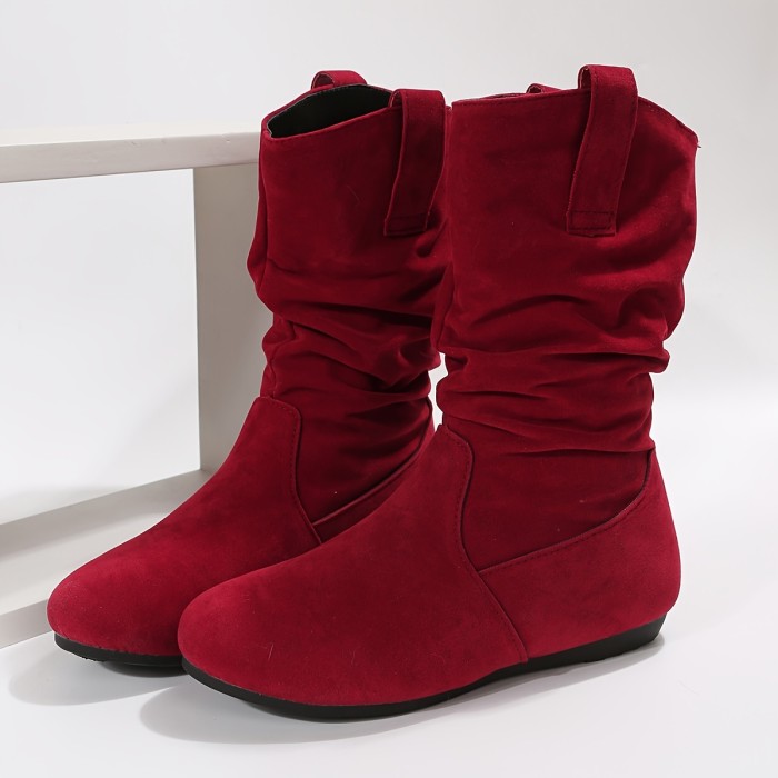 Women's Slouch Ankle Boots, Retro Pull On Flat Thermal Boots, Comfortable Solid Color Short Boots