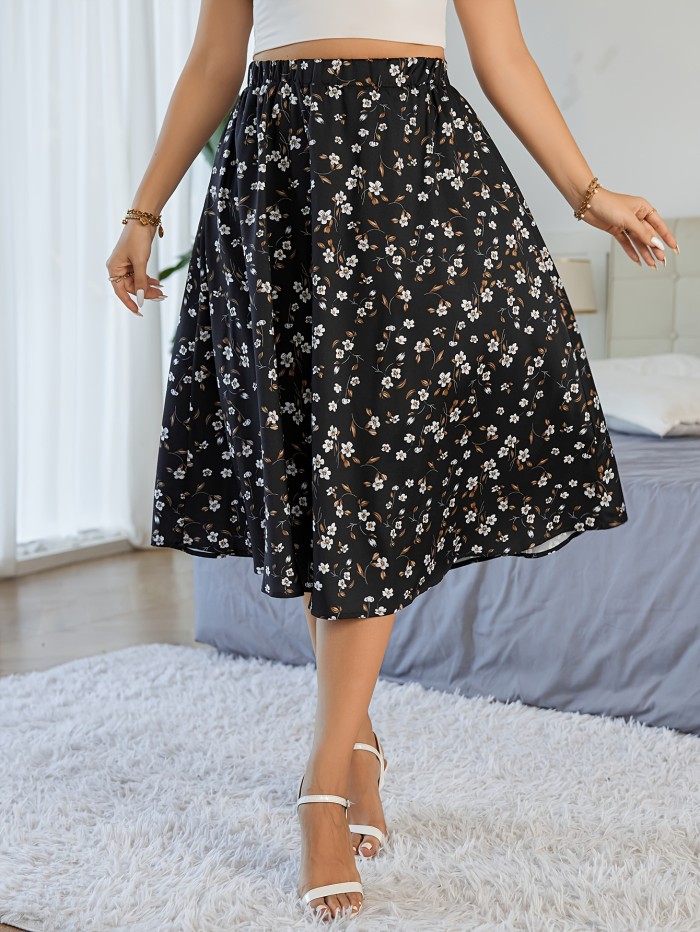 Plus Size Boho Skirt, Women's Plus Allover Floral Print Nipped Waist Loose Fit Skirt