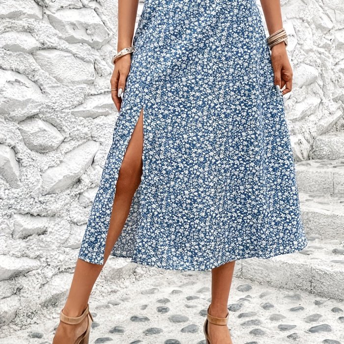 Boho Ditsy Floral Print Skirts, Casual Split Thigh Maxi Skirts For Spring & Summer, Women's Clothing