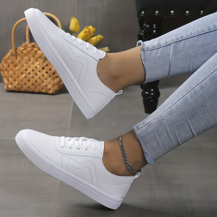 Women's Casual White Sneakers, Versatile PU Leather Lace Up Low Top Flat Shoes, Casual Walking Shoes
