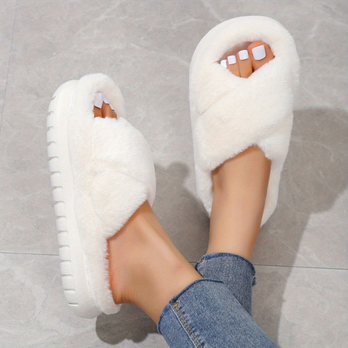Women's Platform Fuzzy House Slippers, Open Toe Criss Cross Solid Color Casual Home Slides, Women's Indoor Flat Comfy Shoes