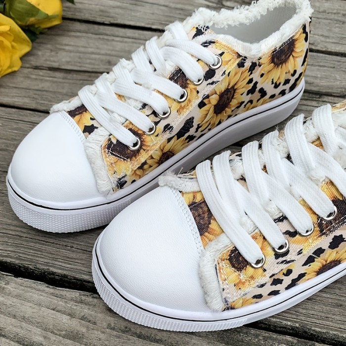 Women's Sunflower Print Canvas Shoes, Casual Round Toe Lace Up Low Top Sneakers, Comfy Flat Walking Shoes