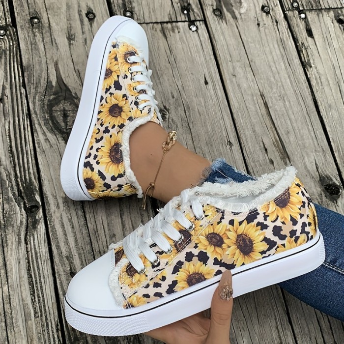 Women's Sunflower Print Canvas Shoes, Casual Round Toe Lace Up Low Top Sneakers, Comfy Flat Walking Shoes