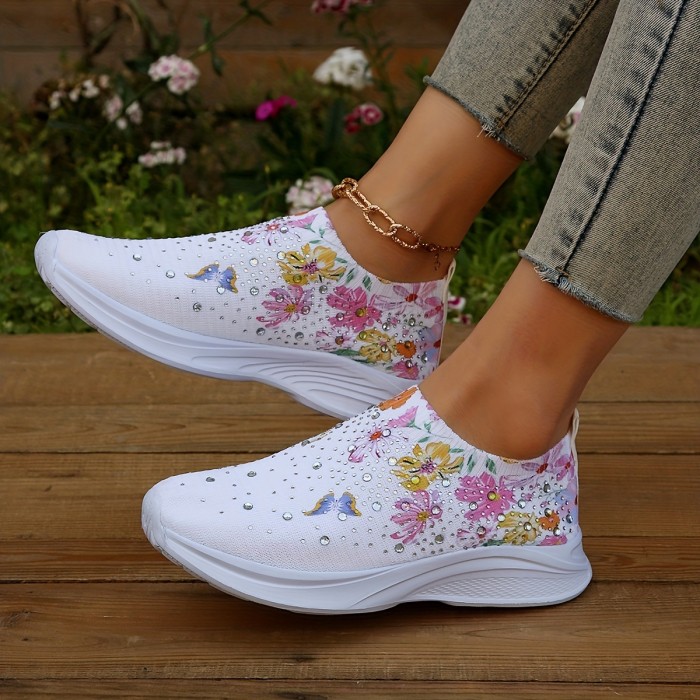 Women's Floral Print Sock Shoes, Fashion Rhinestone Slip On Low Top Sneakers, Breathable Walking Shoes