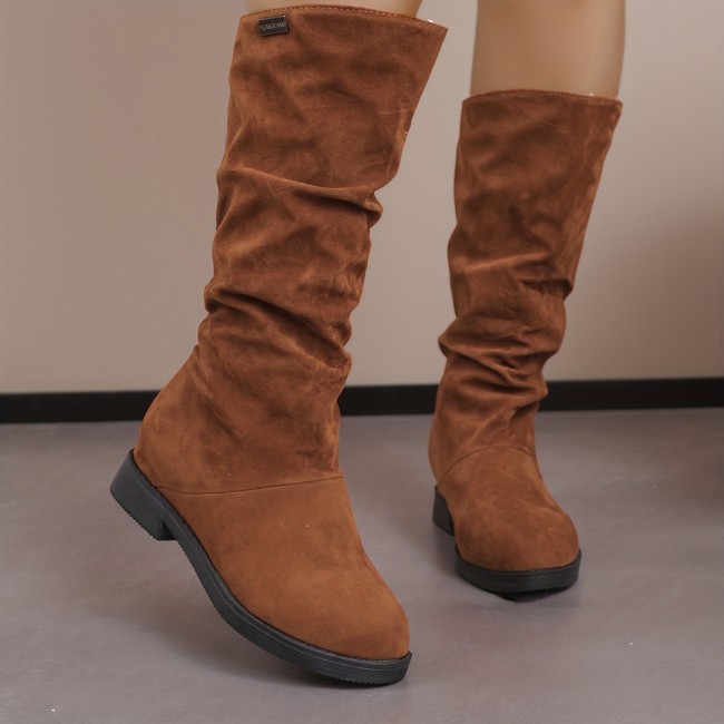 Women's Solid Color Chunky Heel Boots, Fashion Slip On Dress Boots, Comfortable Long Boots