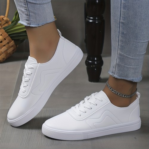 Women's Casual White Sneakers, Versatile PU Leather Lace Up Low Top Flat Shoes, Casual Walking Shoes