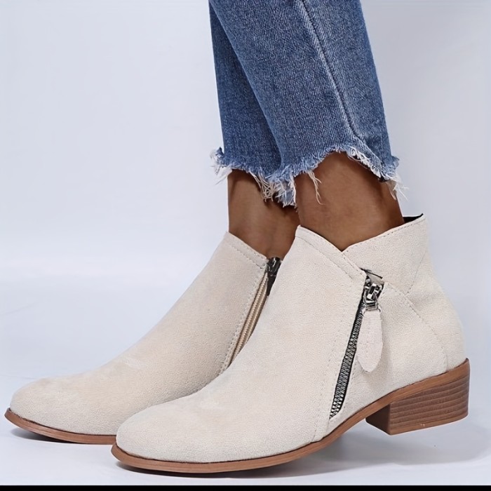 Women's Chunky Heel Ankle Boots, Solid Color Side Zipper Stacked Heels, Casual Outdoor Short Boots