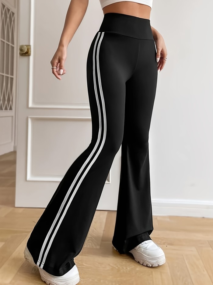 1pc Women's White Striped Flare Yoga Pants,  High Waist Workout Stretch Bootcut Fitness Pants, Women's Activewear