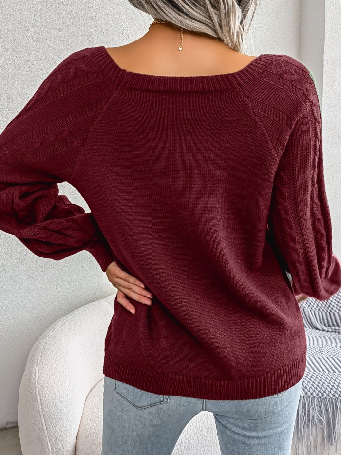 Women's Sweater Round Neck Texture Button Lantern Sleeve Sweater
