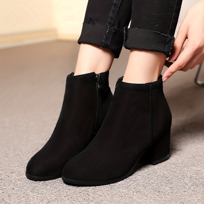 Women's Suede Short Boots, Block Heel Round Toe Side Zipper Shoes, Women's Footwear