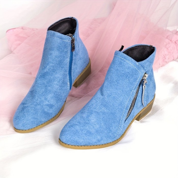 Women's Chunky Low Heeled Ankle Boots, Solid Color Side Zipper Shoes, Comfy Micro Suede Short Boots