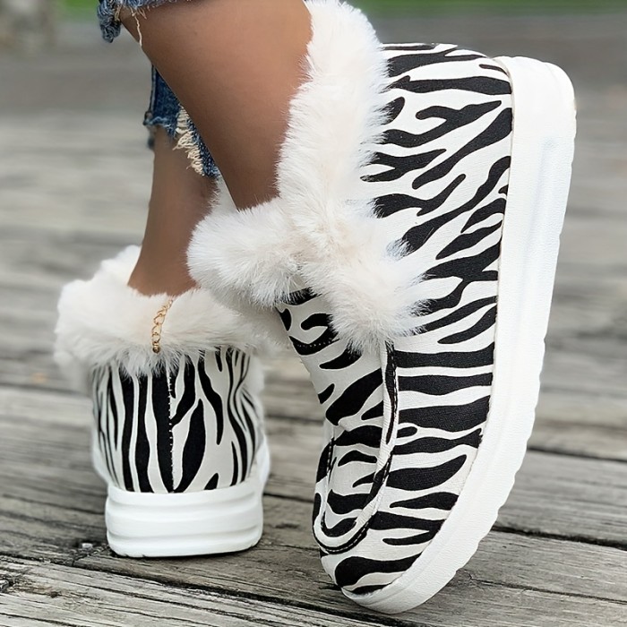 Women's Zebra Printed Snow Boots, Winter Plush Lined Slip On Canvas Shoes, Outdoor Keep Warm Flat Ankle Boots